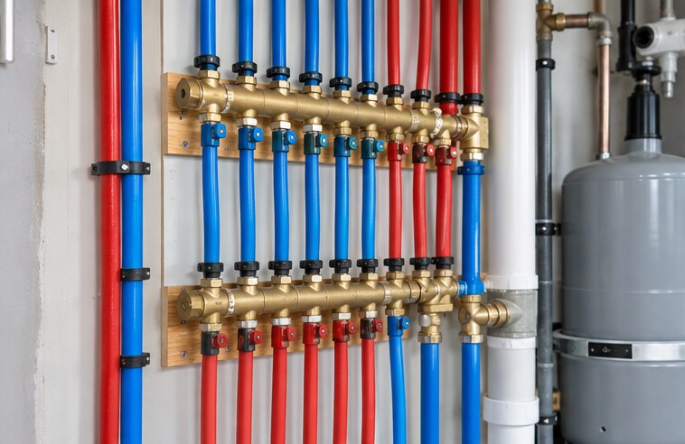 PEX water supply manifold in a residential utility area